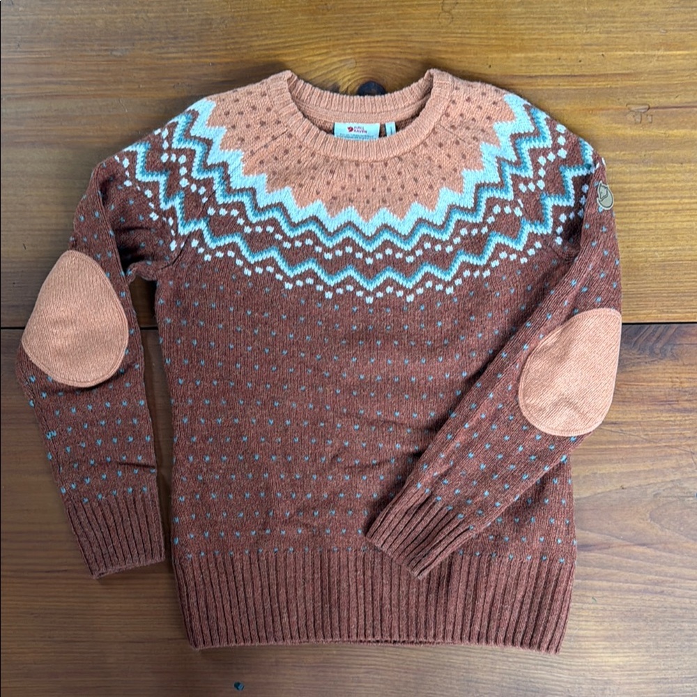 Fjallraven Wool Brown Crewneck Sweater with Fair Isle Design Womens Small